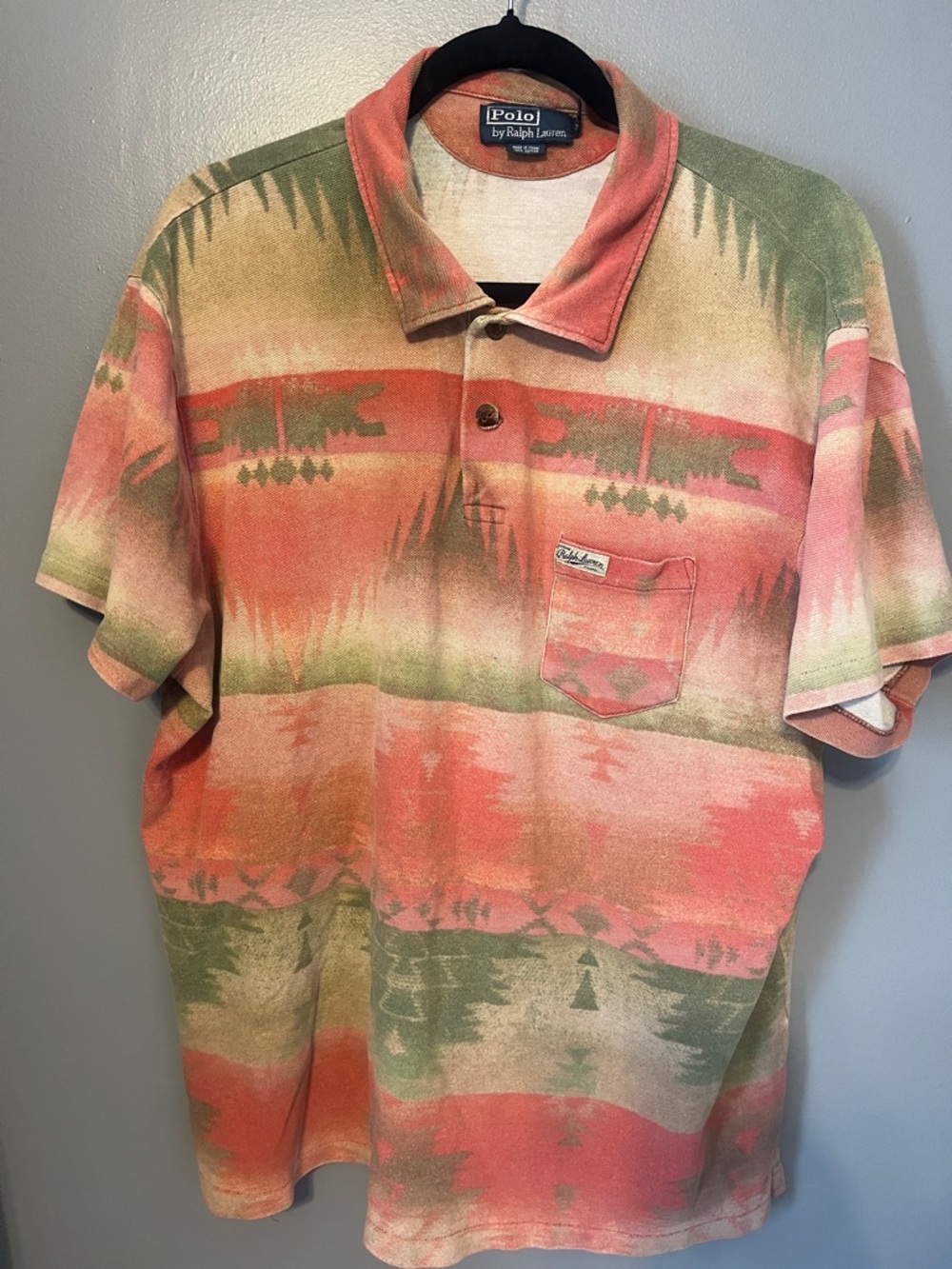 VINTAGE. Polo by Ralph Lauren Coral & Sage Aztec pattern
